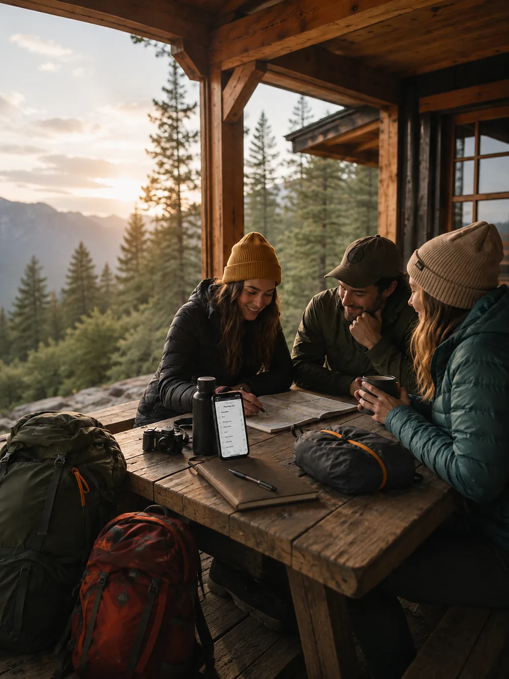 Tres amigos repasando la lista de material en la mesa de un refugio de montaña